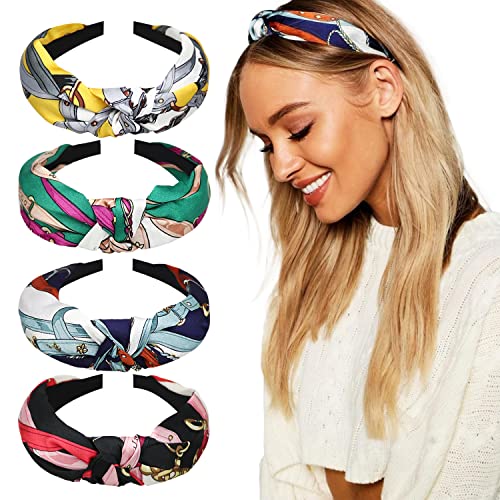 DRESHOW 4 Pack Boho Fashion Turban Headbands for Women Girls Flower Printed Plastic Head Band Vintage Cross Hair Accessories