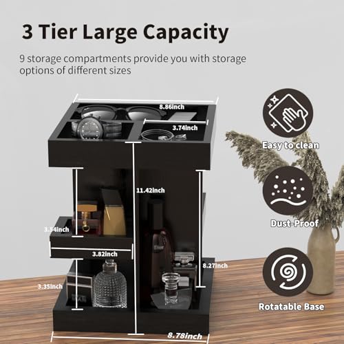 Wooden Cologne Organizer for Men: 3 Tier Perfume Display Stand with 360 Degree Rotating for Desk & Nightstand - Large Capacity Cologne Shelf Organizer for Mens Gift (Black)
