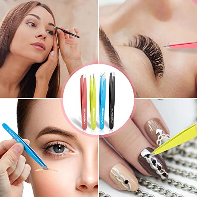 4-Piece Eyebrow Tweezers Set with Travel Case & Precision Tips