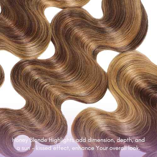 P4/27 Honey Blonde Highlight Body Wave 3 Bundles Human Hair 16 18 20 inch, 12A 100% Virgin Brazilian Weaves Thick Track Balayage Ombre Brown Colored Human Hair Bundles Deals Sew In Remy