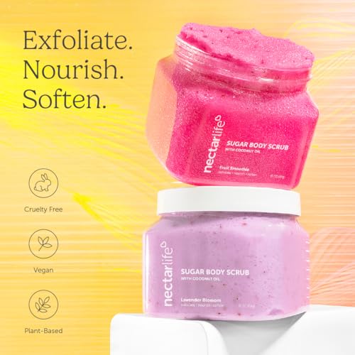 Nectar Life Exfoliating Sugar Scrub, Moisturizing Body Scrub with Coconut Oil & Shea Butter, Pre Shave Exfoliator (16 Ounce, Fruit Smoothie)