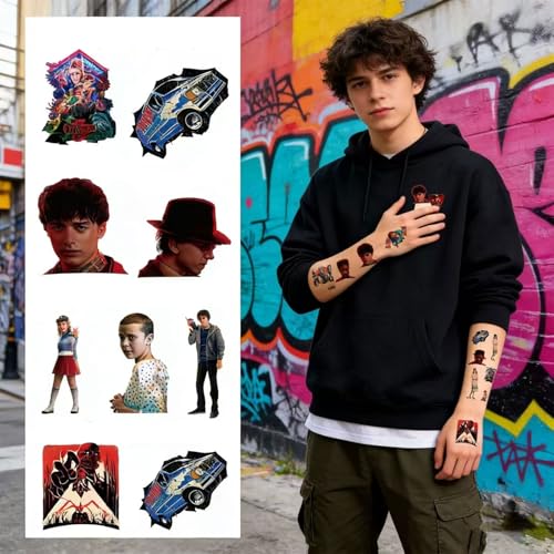 25 Sheets Stranger TV Temporary Tattoos - Birthday Party Favors, Movie Themed Stickers, Ideal for Class Prizes, Home Activities, Carnival & Christmas Rewards