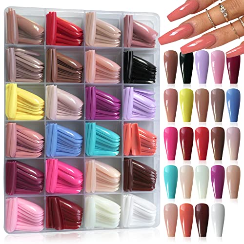 LoveOurHome 576pc Long Press on Nails Coffin Gel Glossy Fake Nails Full Cover Ballerina False Acrylic Nail Tips Artificial Fingernails 24 Colors for Women Teen Girls