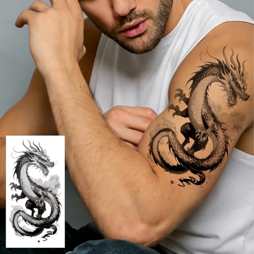 Konsait Large Dragon Temporary Tattoos for Men Women, 10 Sheet Half Arm Set