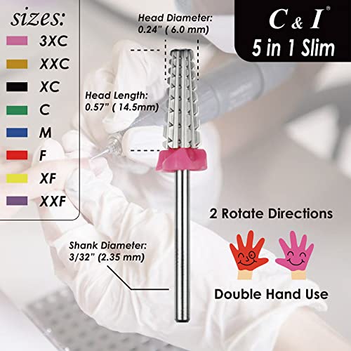 C & I 5 in 1 Nail Drill Bit, Slim Edition, Professional Manicure Drills for Electric Nail Drill Machine (Coarse -C)