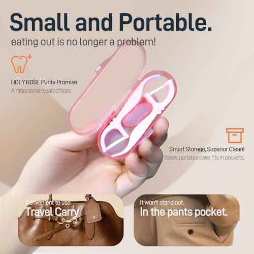 Holy Rose Pink Dental Floss Picks with Micro Travel Case - 5-Box Pack (10 Double String Flossers Each) - Easy Teeth Clean for Adults, Perfect for Home and On-The-Go Flossing