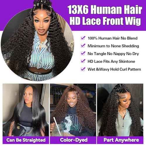 32 Inch 13x6 Deep Wave Lace Front Wigs Human Hair 200 Density HD Transparent Deep Curly Lace Front Wig Curly Human Hair Glueless Wig Wet and Wavy Pre Plucked Deep Wave Lace Frontal Wigs For Women