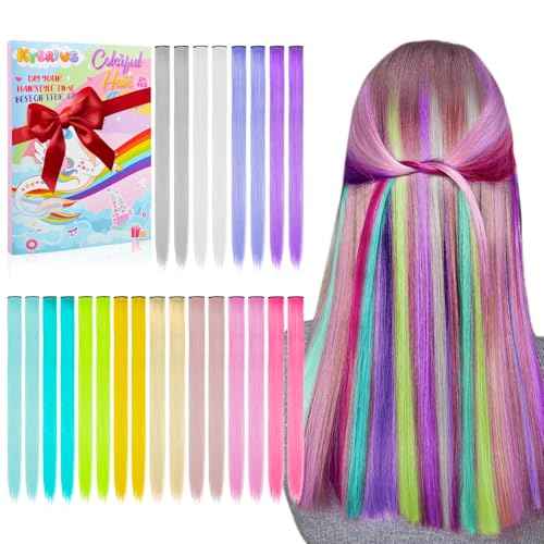Kyerivs 24PCS Colored Extensions - 20Inch Clip In Rainbow Straight Hairpieces for Girls Age 5-14 - Temporary Color Accessories, Easter Basket Stuffer for Kids Teens