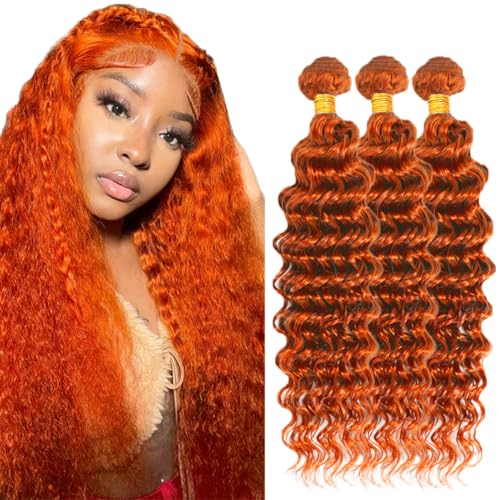 WuvuSnm 22-26 Inch Ginger Deep Wave Human Hair Bundles - #350DP Orange, 150g Each