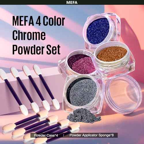 MEFA Chrome Powder for Nails 4 pcs, Mirror Effect Nail Powder Holographic Aurora Iridescent Pearlescent Manicure Nail Art Decoration Glitter Metallic Gold Pink Blue Grey Chrome Nail Powder Kit
