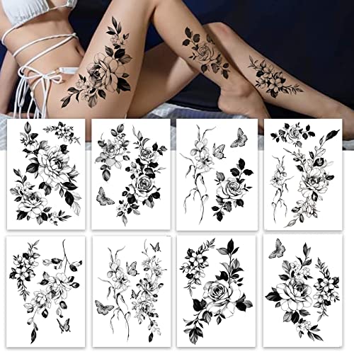 Temporary Tattoo Stickers for Women - 8 Sheets Large Flower