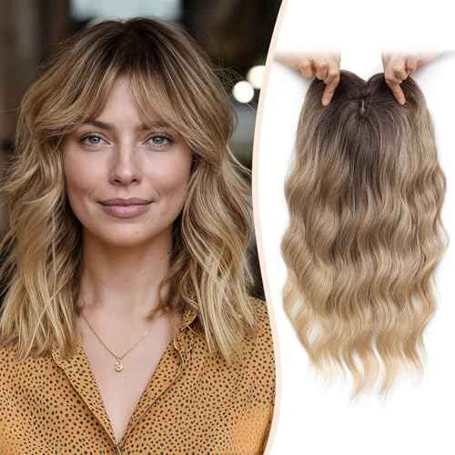 MARJORIE Hair Topper,Wavy Hair Toppers for Women 14inch Natural Looking Hairpiece with Wispy Bangs, Volume Booster Wiglet for Full Coverage, Quick Styling for Party/Date Night/Social/Content Creators