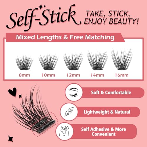 Self-Adhesive Lash Clusters, 240PCS, 8-16mm, No Glue Needed