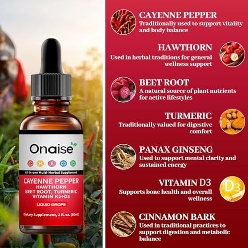 ONAISE Cayenne Drops - Cayenne Pepper Drops Liquid Supplement with Organic Hawthorn, Beet Root, Turmeric, Vitamin K2 D3-2FL.OZ-2PCS