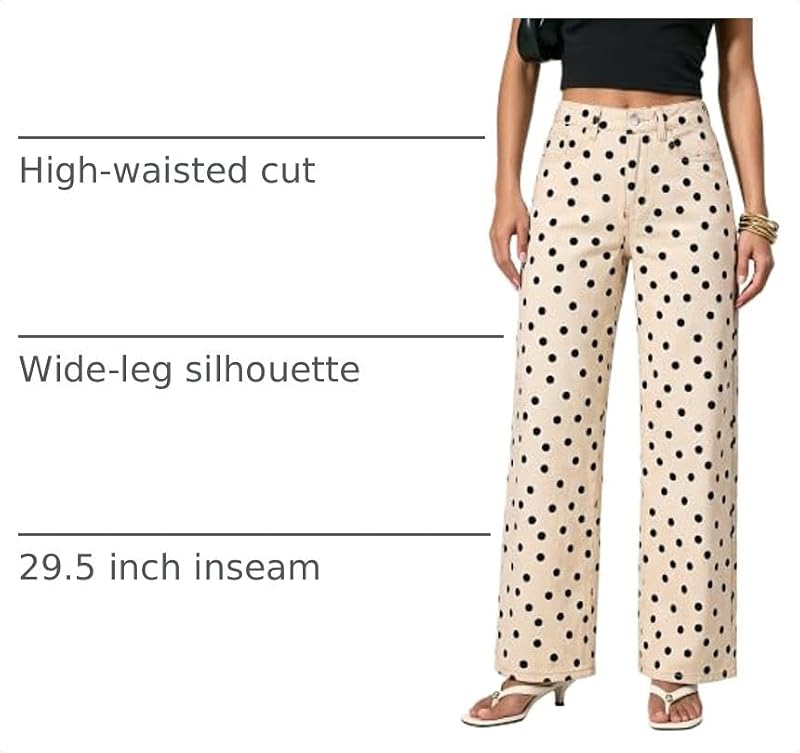 Grapent High-Waisted Wide Leg Polka Dot Denim Jeans for Women