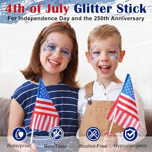 Patriotic Red White Blue Glitter Stick for Face & Body Waterproof 4th of July Makeup