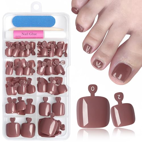 144pc Brown Square Press On Toenails Kit with Glue