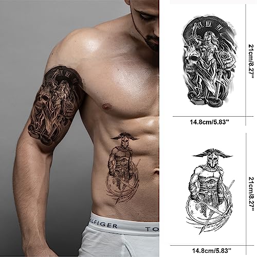 Warrior Temporary Tattoos for Men, 8 Sheets Waterproof