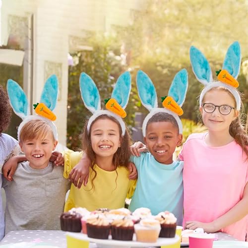 AEGYPIUS Easter Bunny Ears Headband for Girls Plush Rabbit Ears Hairbands for Kids and Adults Easter Headwear with Carrot Decor Easter Costume Accessories for Easter Party Decoration (Blue)