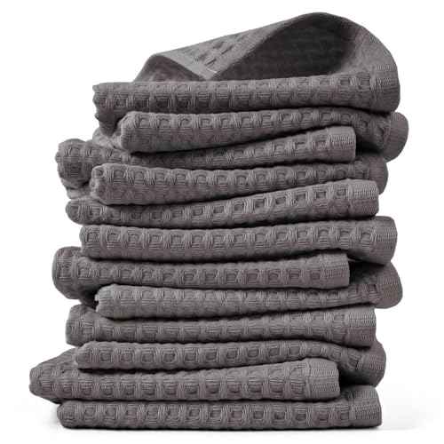 Cleanbear Classic Waffle Washcloths, 100% Cotton Face Towels, Absorbent and Quick-Drying, Soft Washcloths 12 Pack for Face and Body, 13 x 13 Inches (Gray)