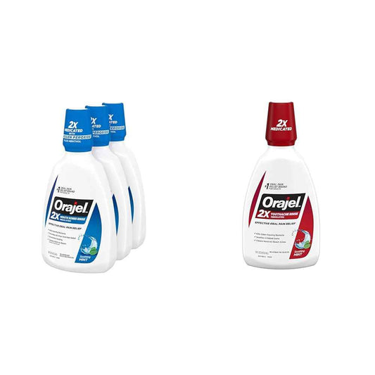 Orajel Nonseptic Mouth Sore Rinse 16oz 3-Pack and Orajel Toothache Rinse 16oz Mint Flavored Mouthwash Bundle
