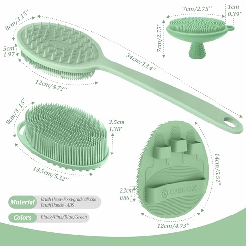 Silicone Back/Body/Face Scrubber & Soft Bath Glove Set 4PCS, Gentle Exfoliating Back & Body Scrubber with Dual-Side Brush Head, Hand-fit Bath Glove & Face Scrubber for Deep Cleaning(Green-4PC)