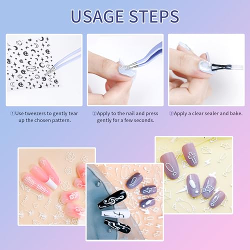 5 Styles Nail Art Stickers Relief Sculpture 5D Nail Decals for Nail Art, Scrawl Heart,Star,Moon,Crucifixion,Diamond,Rose Shape Self-Adhesive Nail Stickers for Nail Charm Decoration DIY Kit