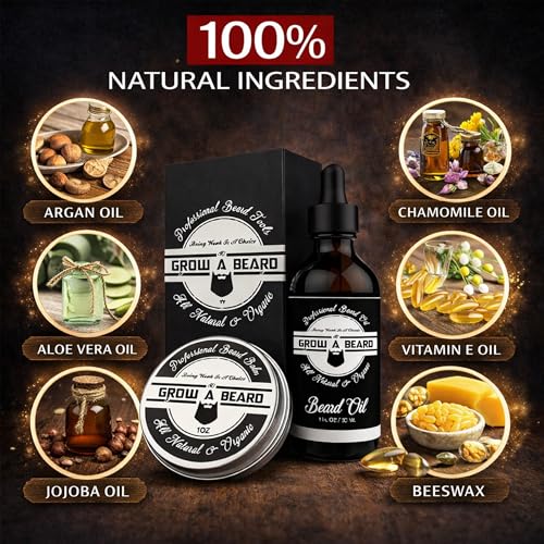Beard Brush, Beard Comb, Beard Oil, & Beard Balm Grooming Kit for Men's Care, Travel Facial Hair Set for Growth, Styling, Shine & Softness, Great Gifts for Him, Fathers Day, Dad Gifts