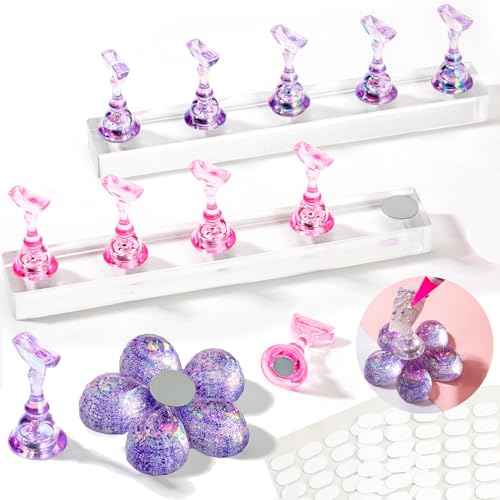 2 Nail Stand for Press Ons, Fake Nail Holder for Painting Nails, Upgrade Solid Acrylic Nail Stands Nail Magnets for Nail Art Design, Flower Nail Holder for Nail Practice Display Supplies W/ Glue Tips