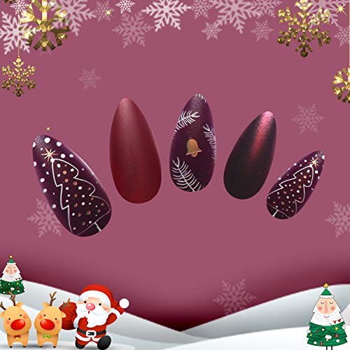 Gangel Red Matte False Nails Xmas Fake Nail Full Cover Christmas Long Fake Nails Snow Deer Acrylic Press on Nails Daily Wear Gifts for Women and Girls 24Pcs (RED2)