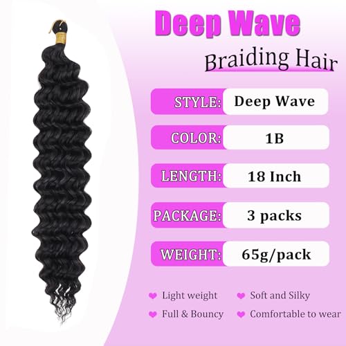ZRQ Deep Wave Crochet Hair 18 Inch 3 Packs Natural Black