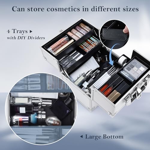 FRENESSA Portable Makeup Train Case - Lockable 4-Tray Aluminum Cosmetic Box