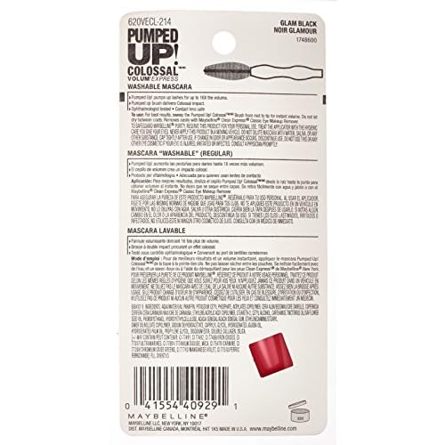 Maybelline Volum' Express Pumped Up Colossal Mascara, Washable Formula Infused with Collagen for Up To 16x Lash Volume, Glam Black, 1 Count