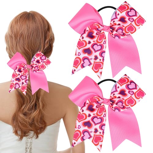 Valentine Bow Hair Ties Elastic Hair Tie Large Cheer Hair Bow Deep Pink Bowknot Heart Hair Rope with Ponytail Holder for Teen Girls Women Hair Accessories 2pcs