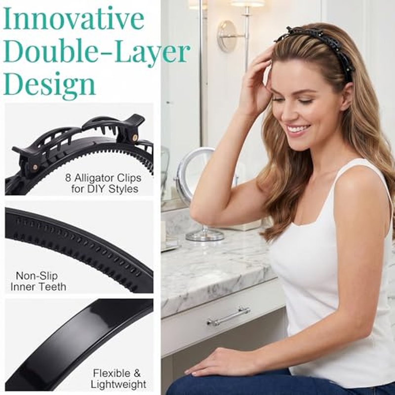 2pc Double Layer Clip Headband Set - Black & Brown