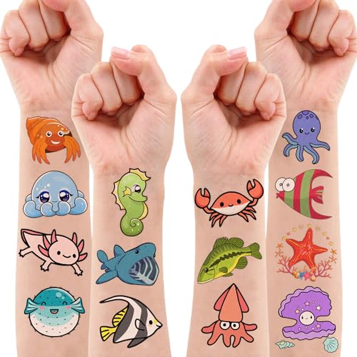 Under The Sea Temporary Tattoos 10 Sheets 110 PCS Ocean Animals Party Decorations Favors Supplies Summer Theme Birthday Cute Stickers Christmas Gifts for Boys Girls Class School Prizes Carnival