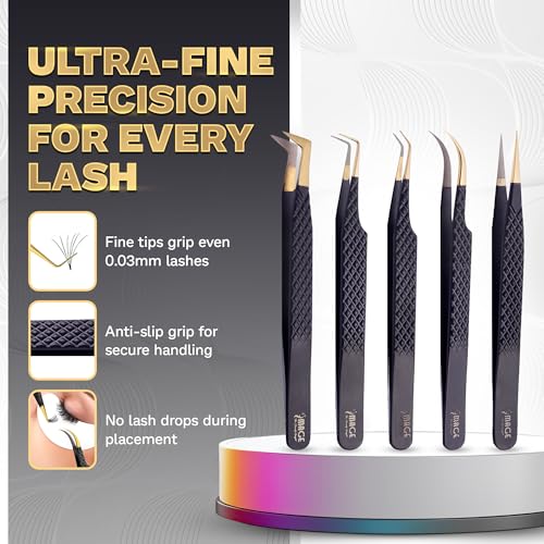 5 Pcs Fiber-Tip Japanese Steel Lash Tweezer Set with Leather Case, Professional Eyelash Tweezers for Lash Extensions ? Titanium Coated, 90 & 45 Angled, Precision Pointed Tweezers (MATT BLACK)