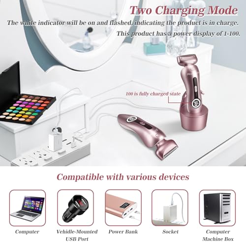 Women’s Electric Shaver for Legs Bikini Trimmer Waterproof Painless Cordless Pink - Rechargeable