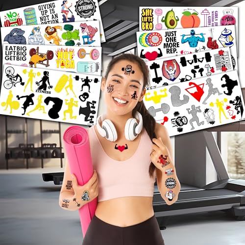 96 PCS Gym Fitness Workout Temporary Tattoos Themed Birthday Party Decorations Supplies Favors Decor Bodybuilding Motivational Quotes Tattoo Stickers Gifts for Men Girls Boys Class Prizes Carnival