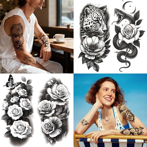 92 PCS Black Flowers Temporary Tattoos Adult Women Girl Teens 3D Temp Realistic Sunflower Rose Cross Leopard Snake Fake Tattoos, Butterfly Peony Floral Leaf Serpent Tatoo Sticker Men Long Lasting