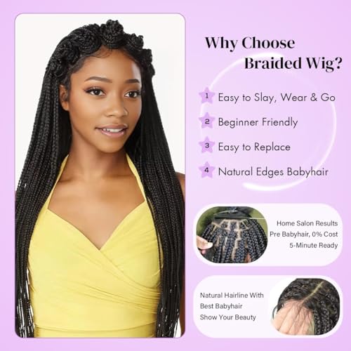 36 Inch Braided Wigs for Black Women Full Lace Box Braid Wig With Baby Hair Long Synthetic Braided Lace Wigs Natural Black