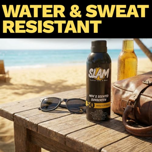 SLAM BeachMan Men's Scented Sunscreen Spray ? Broad Spectrum SPF 50, Water & Sweat Resistant, Mens Sunblock, UVA/UVB Protection ? Cedarwood Scented Sunblock for Body (SPF 50)