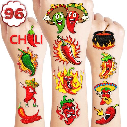 96 PCS Chili Peppers Pre-Cut Temporary Tattoos Birthday Party Decorations Favors Supplies Hot Spicy Mexican Cinco De Mayo Fiesta Chili Cook Off Blow Up Food Decor Stickers Gift School Prizes Rewards
