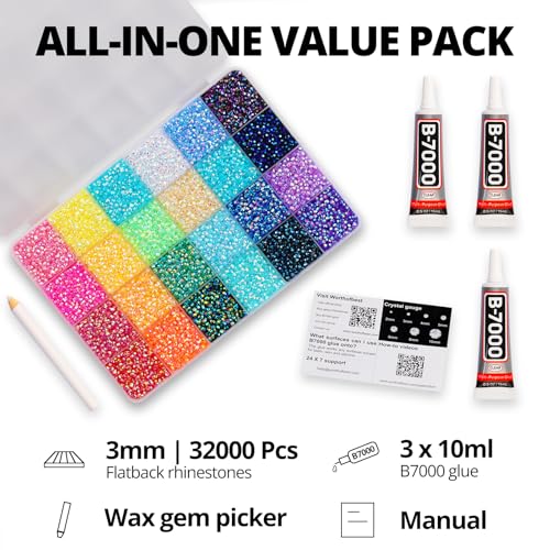 3mm Rainbow Rhinestones 33000Pcs Bedazzle Kit with Glue