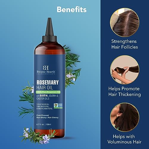 Botanic Hearth 100% Pure Rosemary Oil For Hair Growth Infused With Biotin (6.7 fl oz) | Hair strengthening Treatment | Nourishing & Volumizing | With Jojoba Oil & Castor Oil | Non GMO Verified