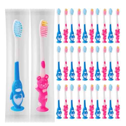 200 pcs Disposable Kids Toothbrushes Individually Wrapped, Toothbrushes for Age 2+ Children Toothbrush Set Soft Bristles Boys Girls Colorful Toothbrush with Suction Cup