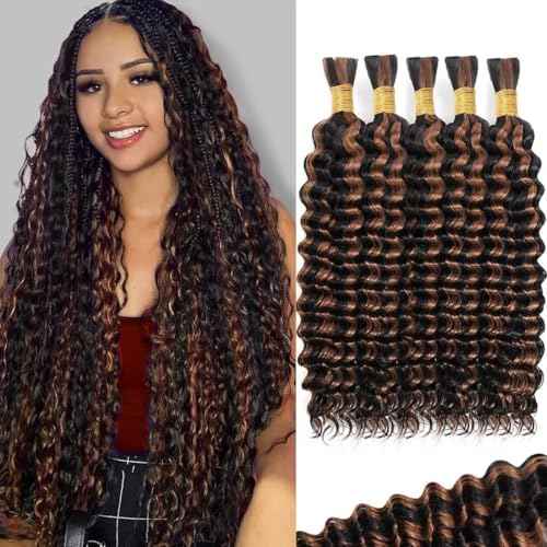 160g 5 Bundles/Pack Ombre Brown Human Braiding Hair for Boho Braids 14 Inch Curly Boho Hair for Braiding Knotless 12A Deep Wave Bulk Bohemian Color P1B/30