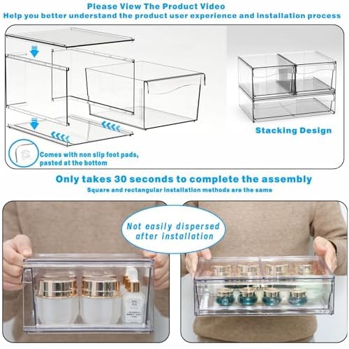 6 Pack Clear Stackable Storage Drawers,12"W Large Bathroom Makeup Organizer and Pen,Sunglass,Medicine,Baby Bottle Organizer,Plastic Pull Out Storage Bins for Desk,Under Cabinets,Vanity Countertop