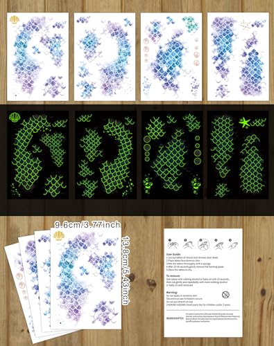 Luminous Mermaid Scale Temporary Tattoos - 16 Sheets Glow in Dark