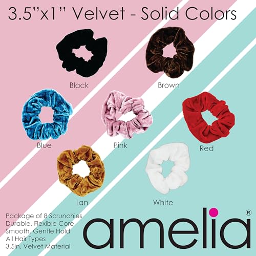 Amelia Beauty, Tan Velvet Scrunchies, Medium 3.5in, Gentle on Hair, Strong Hold, No Snag, No Dents or Creases. 8 Pack